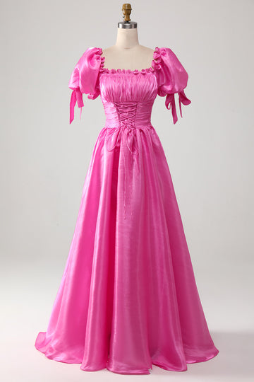 Puff Sleeves Hot Pink Ball Dress with Ruffles